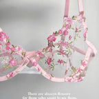 Sheer Black Mesh Lingerie Set with Delicate Blue Floral Embroidery and Underwire Support