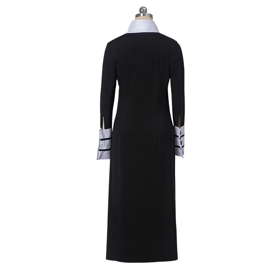 Sleek High-Collar Maxi Dress with Contrasting Striped Cuffs and Neckline