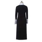 Sleek High-Collar Maxi Dress with Contrasting Striped Cuffs and Neckline