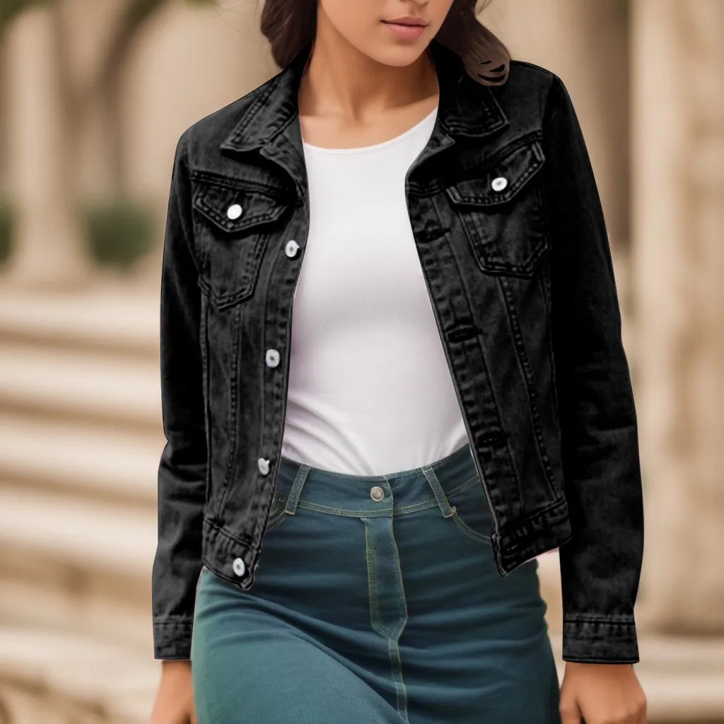 Cropped Denim Style Button Front Jacket with Contemporary Streetwear Fit