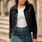Women's Cropped Denim Style Button Front Jacket Relaxed Casual Streetwear Outerwear