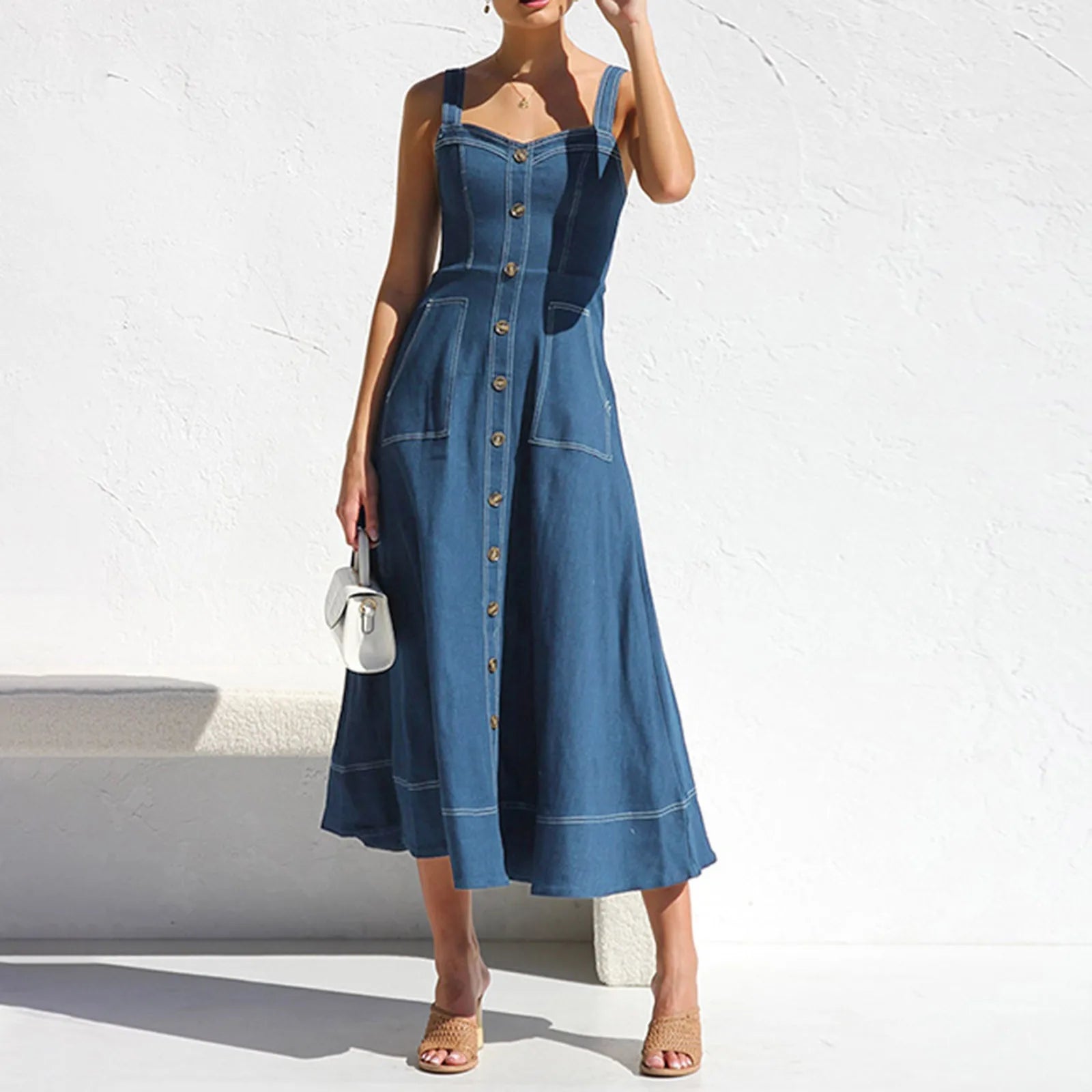 Button Front Denim Midi Dress with Structured Bodice and Adjustable Straps