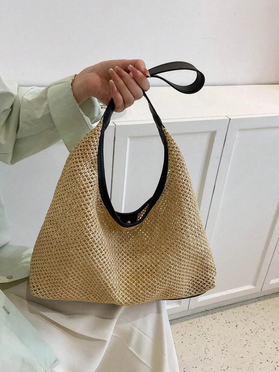 Woven Straw Hobo Shoulder Bag with Relaxed Large Capacity Design