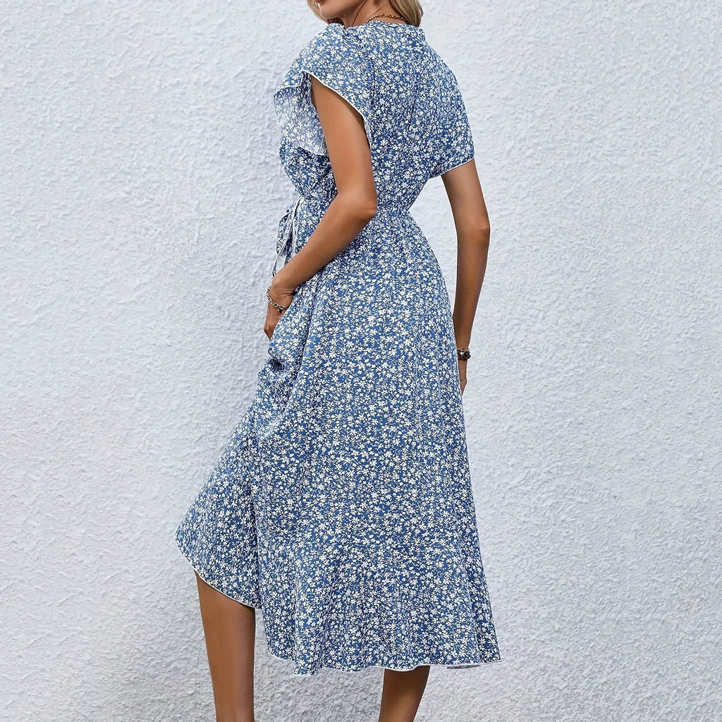 Printed Ruffle Hem Midi Dress with Relaxed A-Line Silhouette