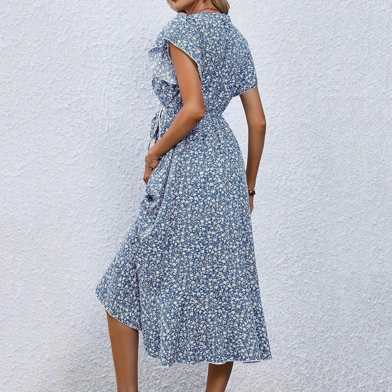Printed Ruffle Hem Midi Dress with Relaxed A-Line Silhouette