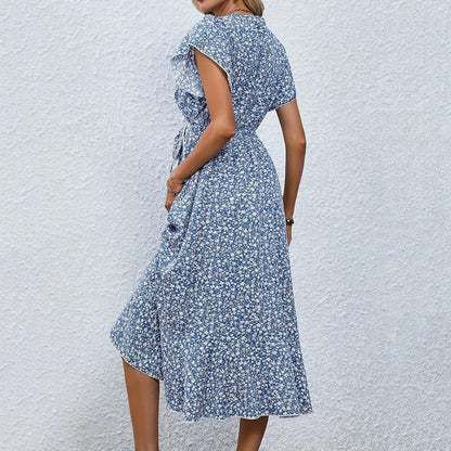 Printed Ruffle Hem Midi Dress with Relaxed A-Line Silhouette