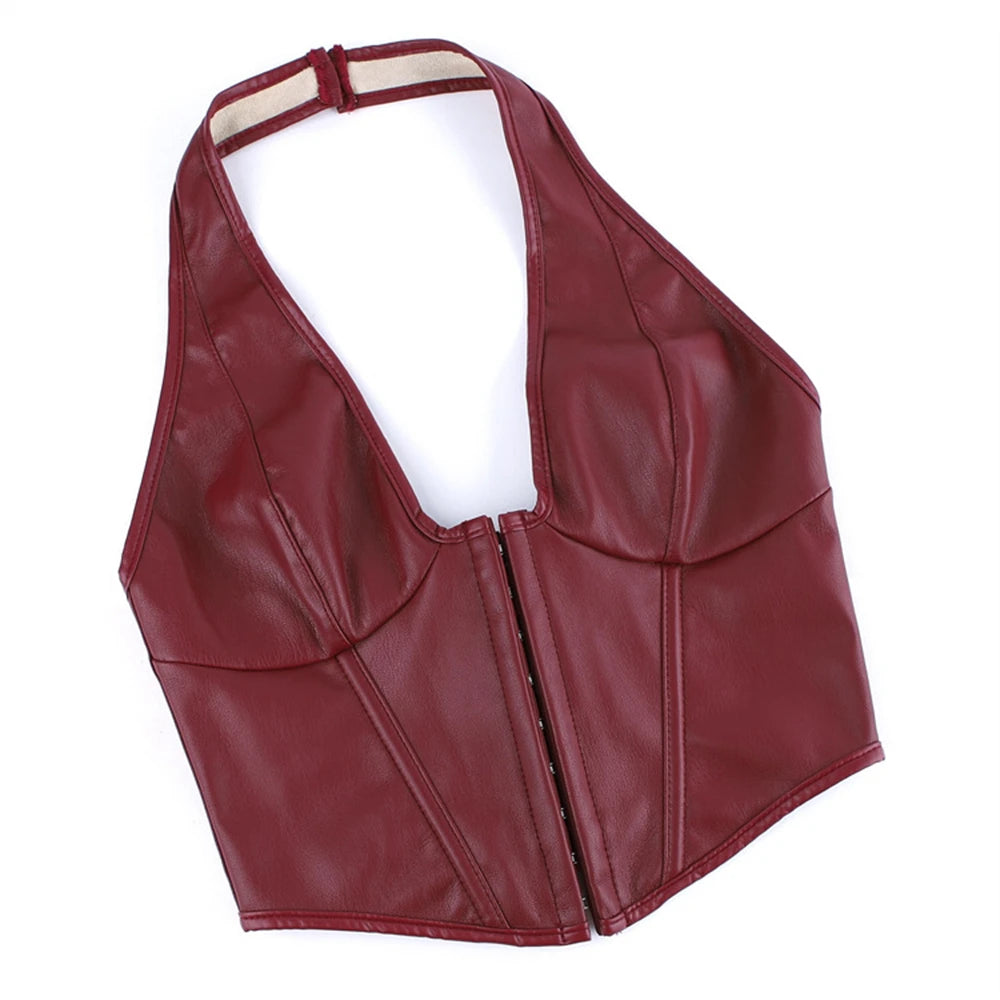 Sleek Burgundy Faux Leather Halter Vest with Front Hook Closure