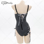 Women's Striped One Piece Swimsuit with Adjustable Shoulder Straps and Matching Choker Accessory