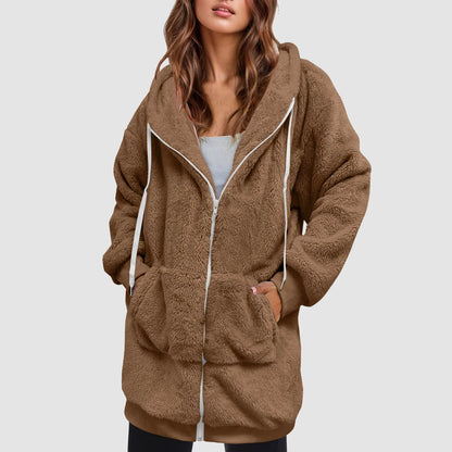 Women's Oversized Hooded Plush Fleece Zip Jacket for Cozy Streetwear Layering