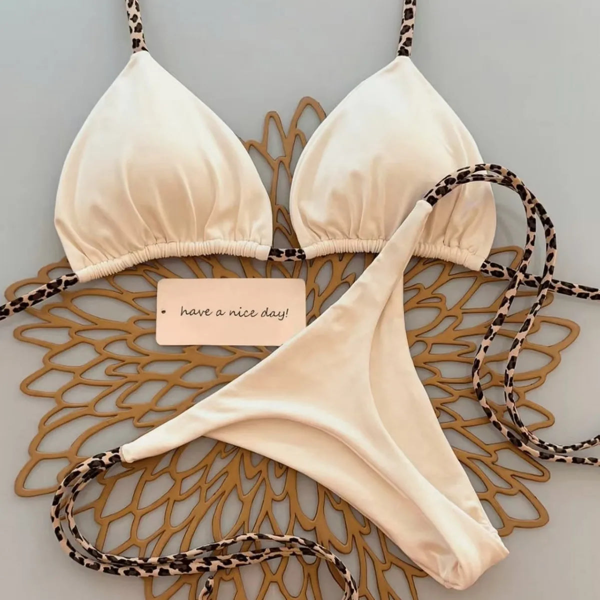 Contrast Leopard Strap Two-Piece Bikini with High-Cut Silhouette