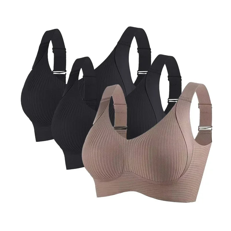 3-Piece Wireless Push-Up Bra Set with Ribbed Texture, V-Neck Design and Adjustable Straps