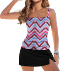 Vintage Floral Tankini Swimdress Set with Ruched One-Piece Top, Flared Skirted Bottom and High-Waist Bikini