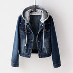 Hooded Denim Style Cropped Jacket with Vintage Streetwear Inspired Design