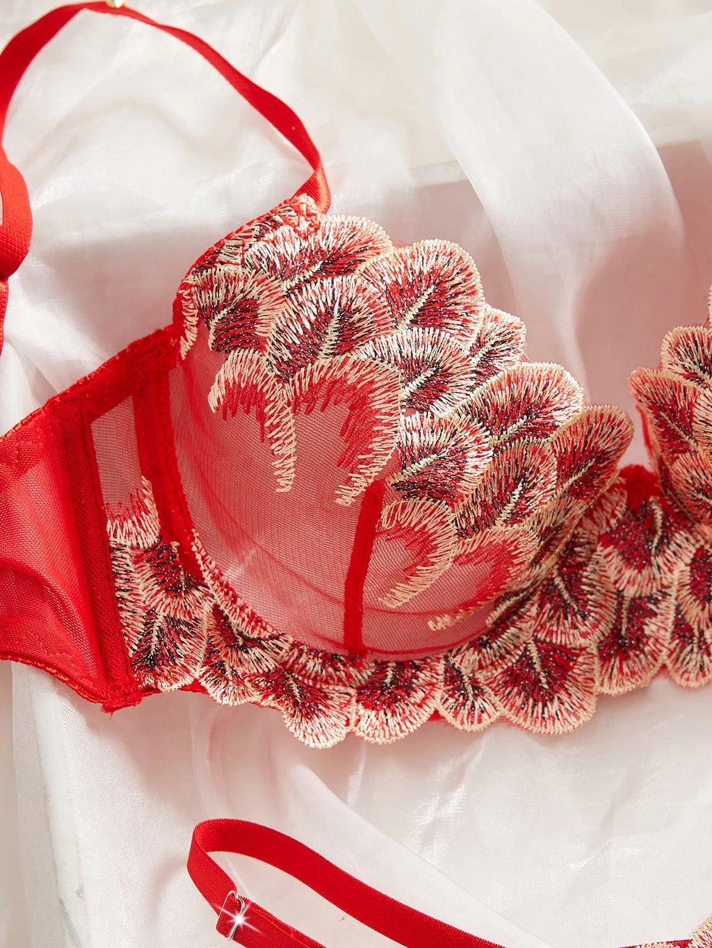 Bold Red Sheer Mesh and Floral Petal Embroidered Lingerie Set