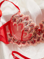 Bold Red Sheer Mesh and Floral Petal Embroidered Lingerie Set