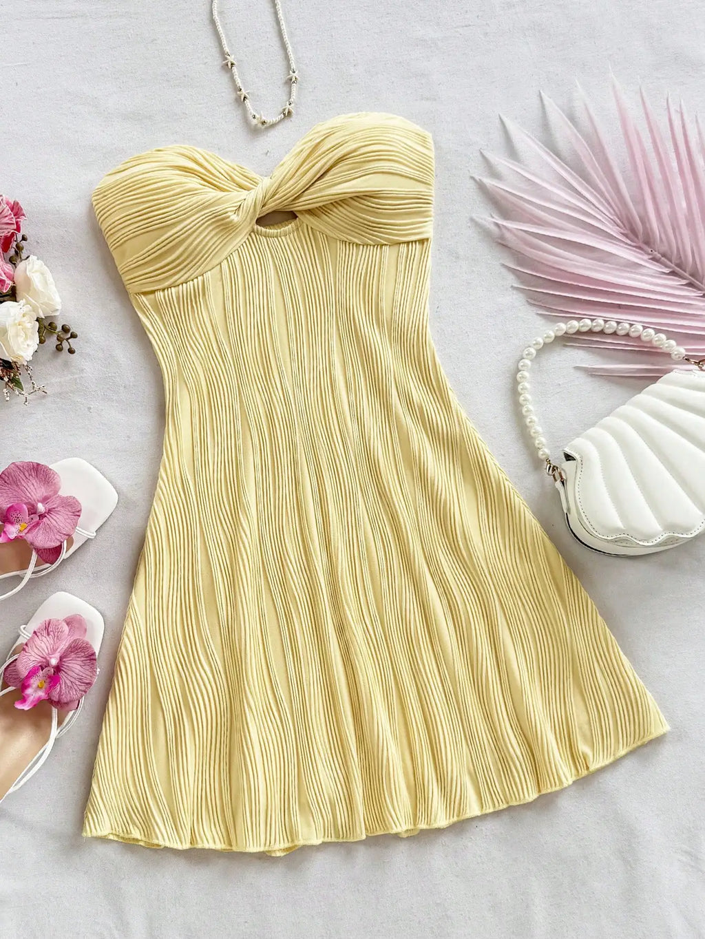Strapless Pleated Mini Dress with Twist Front Detail A-Line Silhouette