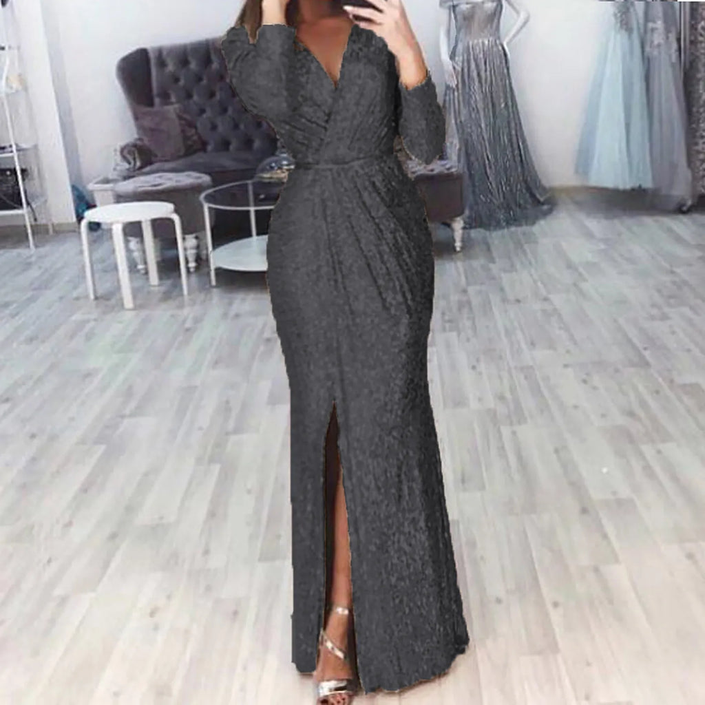 Textured Long Sleeve Maxi Dress With Sculpted Fit And Slit