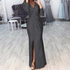 Textured Long Sleeve Maxi Dress With Sculpted Fit And Slit