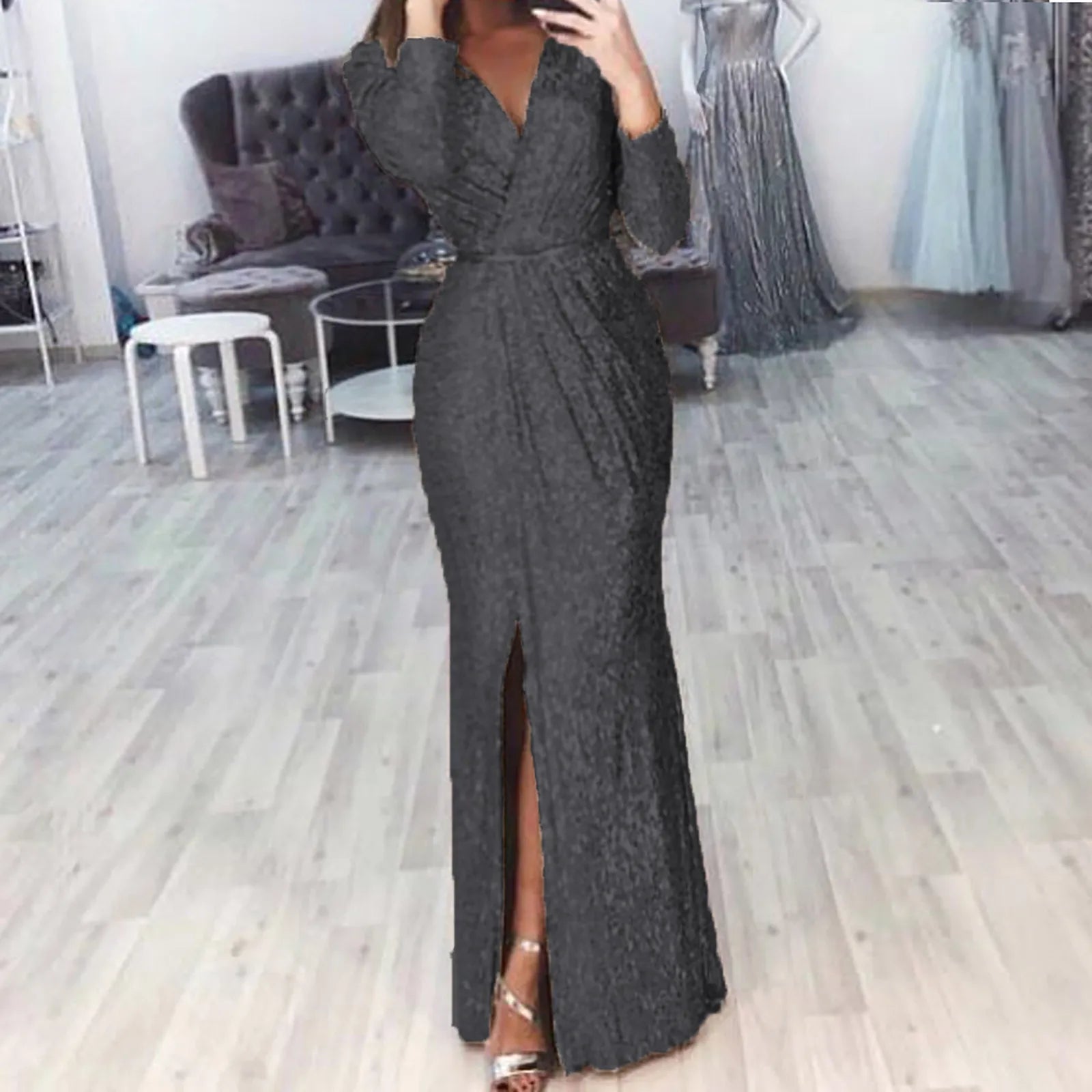 Textured Long Sleeve Maxi Dress With Sculpted Fit And Slit