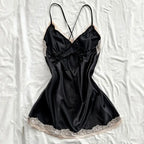 Black Satin-Look V-Neck Mini Nightgown with Contrast Lace Trim, Fine Straps and Elegant Sleeveless Silhouette