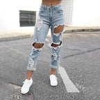 Women's Distressed Straight Leg Denim Jeans with Frayed Ripped Details and Relaxed Fit