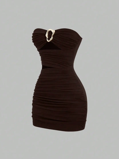 Strapless Ruched Bodycon Mini Dress with Metallic Accent Contemporary Silhouette