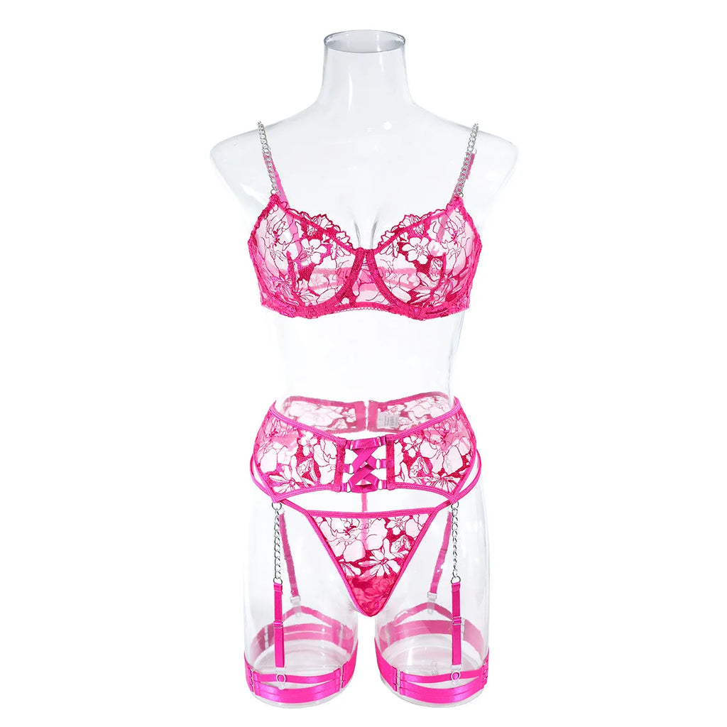 Neon Pink Embroidered Mesh Lingerie Set with Strappy Harness Detail