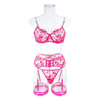 Neon Pink Embroidered Mesh Lingerie Set with Strappy Harness Detail