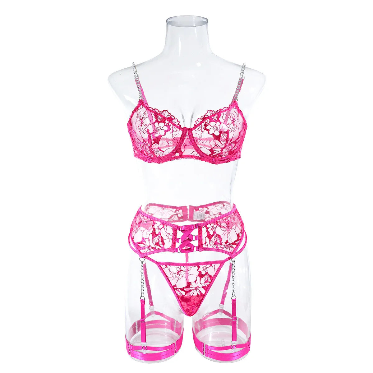Neon Pink Embroidered Mesh Lingerie Set with Strappy Harness Detail