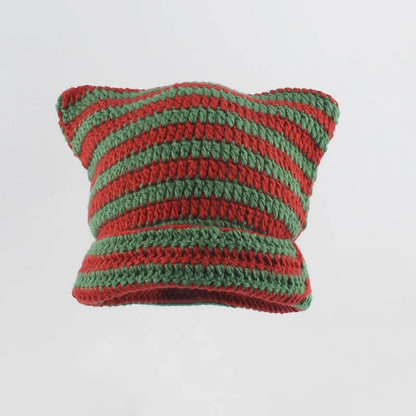 Striped Cat Ear Knit Beanie with Cotton Acrylic Blend for Playful Streetwear Fashion Style