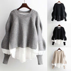 Women's Patchwork Textured Knit Lantern Sleeve Casual Streetwear Sweater