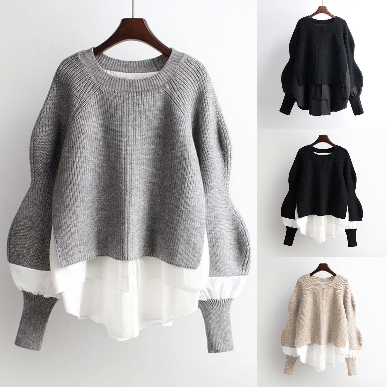 Women's Patchwork Textured Knit Lantern Sleeve Casual Streetwear Sweater