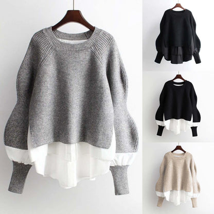 Women's Patchwork Textured Knit Lantern Sleeve Casual Streetwear Sweater
