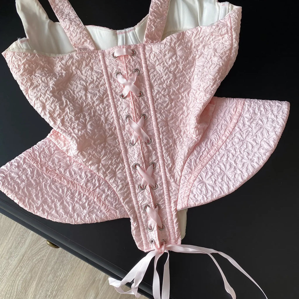 Romantic Pink Textured Peplum Corset Top with Sweetheart Neckline