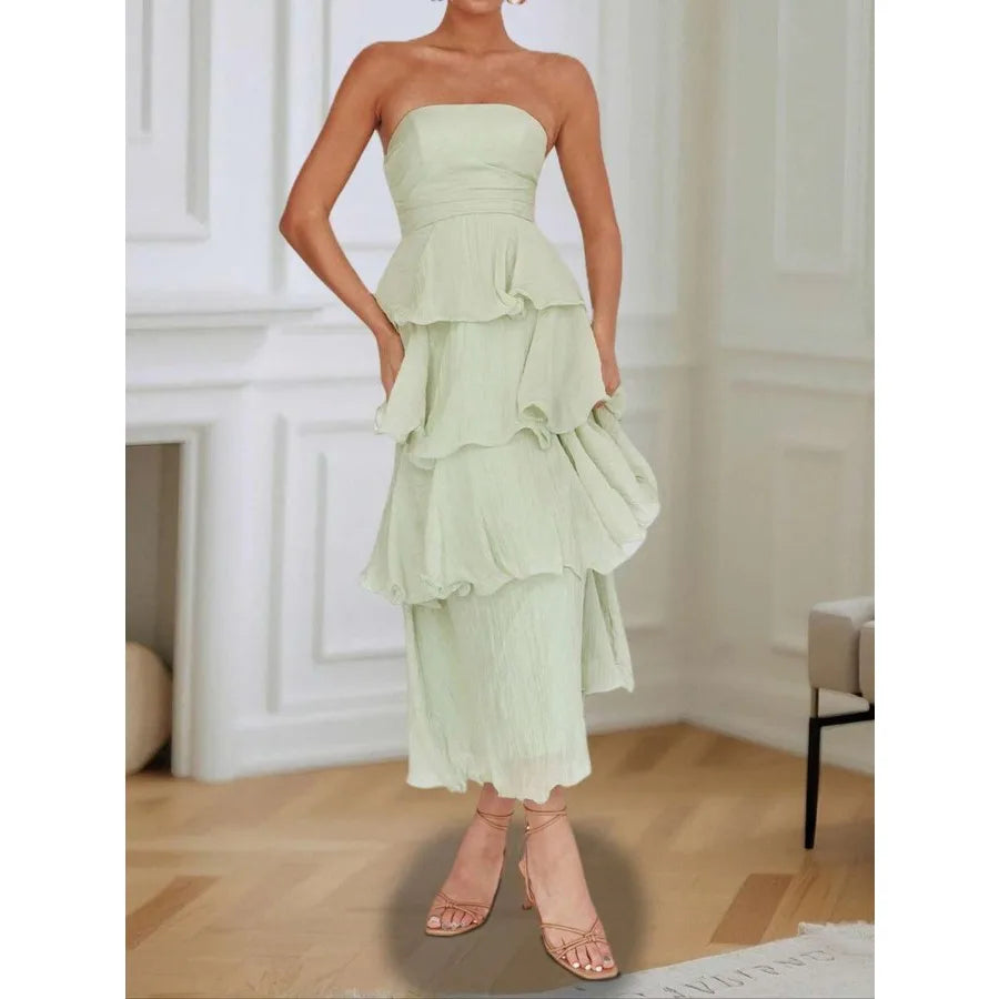 Strapless Tiered Maxi Dress with Ruffle Layers and Flowing Silhouette