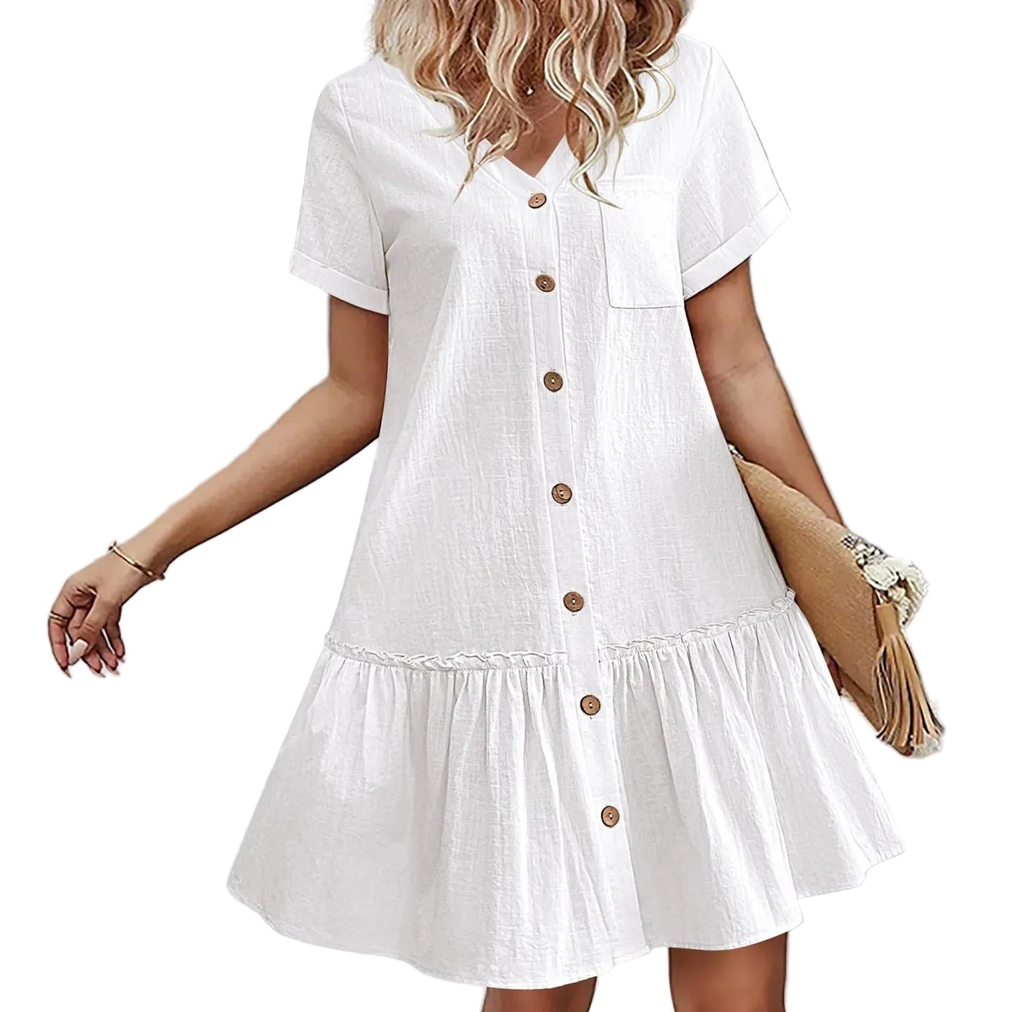 Button Front Ruffle Hem Mini Dress with Relaxed Everyday Summer Silhouette