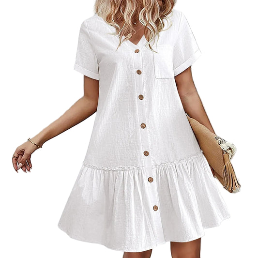 Button Front Ruffle Hem Mini Dress with Relaxed Everyday Summer Silhouette