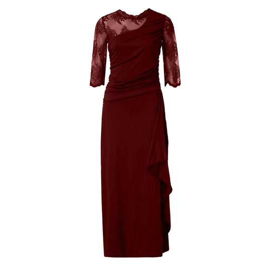 Elegant Floor Length Dress With Sheer Lace Shoulder Detailing