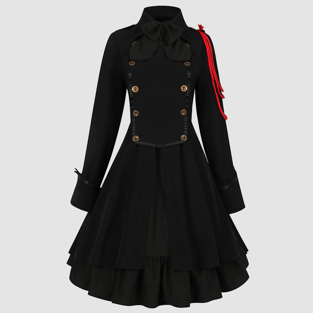 Vintage-Inspired Blue Victorian Coat Dress with Red Shoulder Cording and Bow Collar