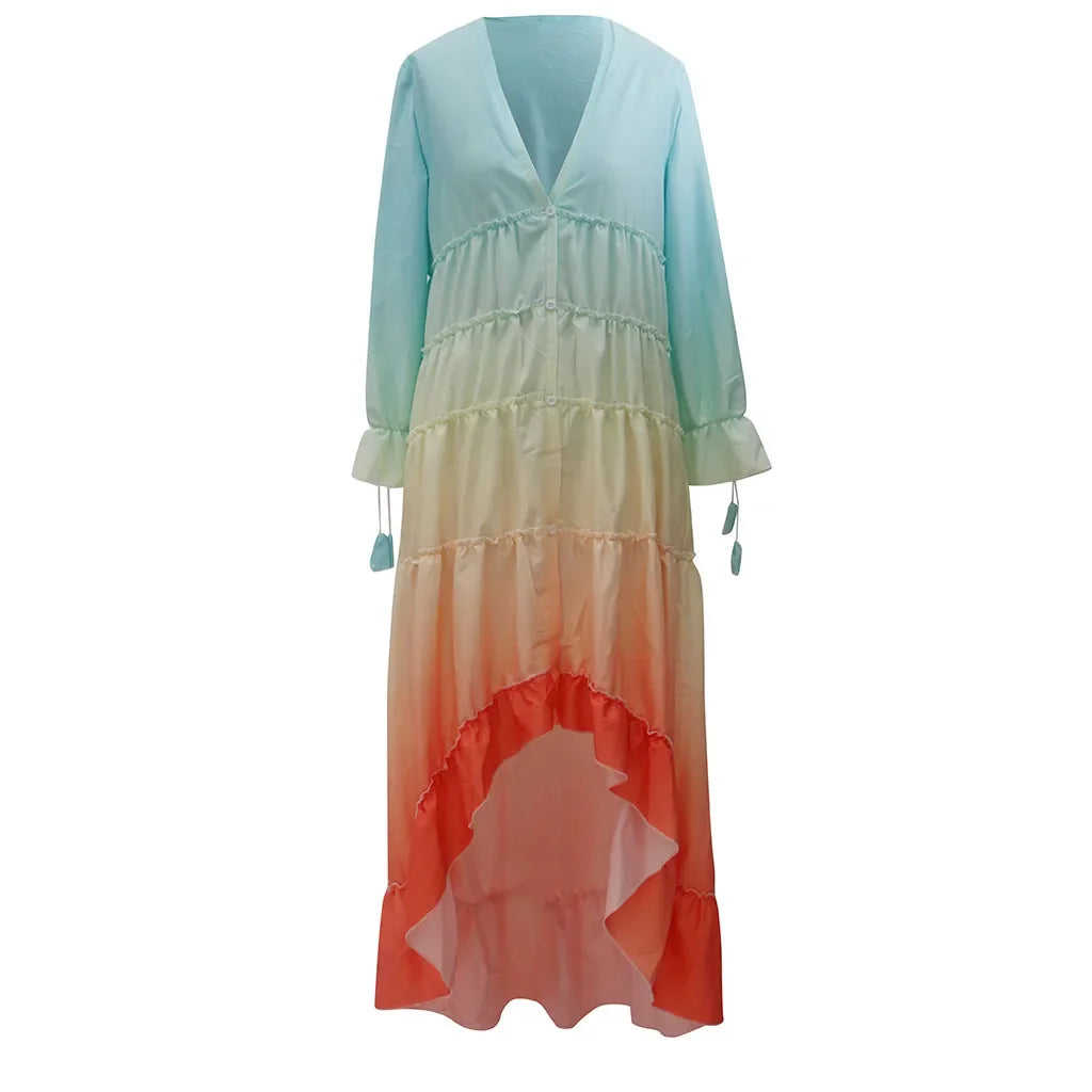 Gradient Bohemian Maxi Dress with V Neck and Tassel Sleeve Details