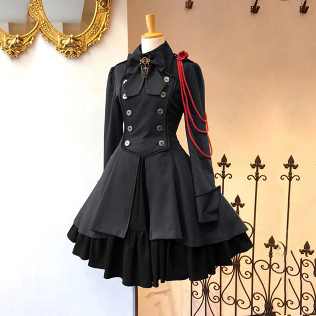 Medieval-Inspired Green and Black Flared Coat Dress with Decorative Bow and Brass-Tone Buttons