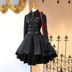 Medieval-Inspired Green and Black Flared Coat Dress with Decorative Bow and Brass-Tone Buttons