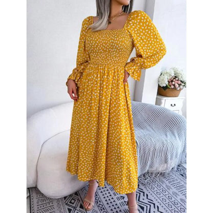 Square Neck Polka Dot Maxi Dress with Long Sleeves and Flowy Silhouette