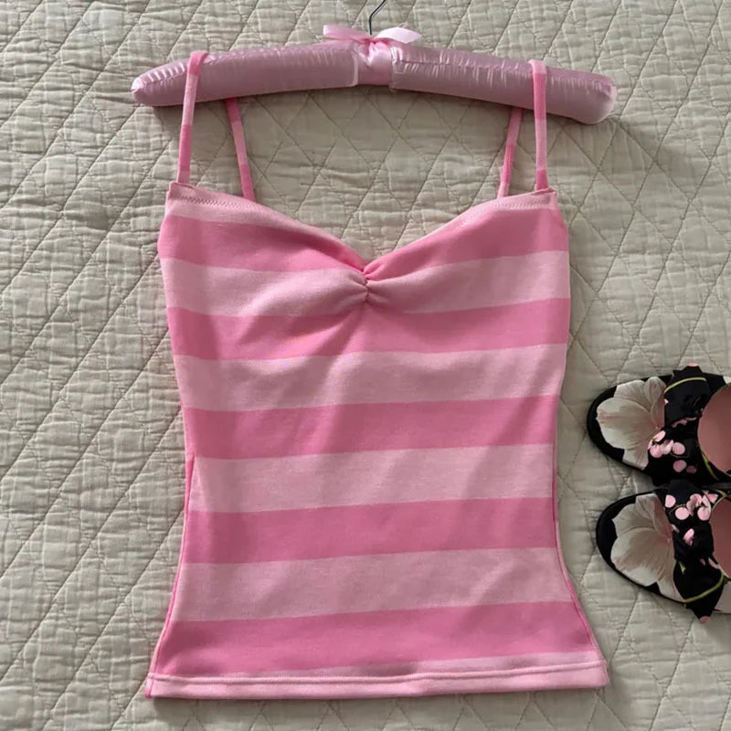 Striped Spaghetti Strap Tank Top with Slim Fit Knit Everyday Streetwear Camisole Design