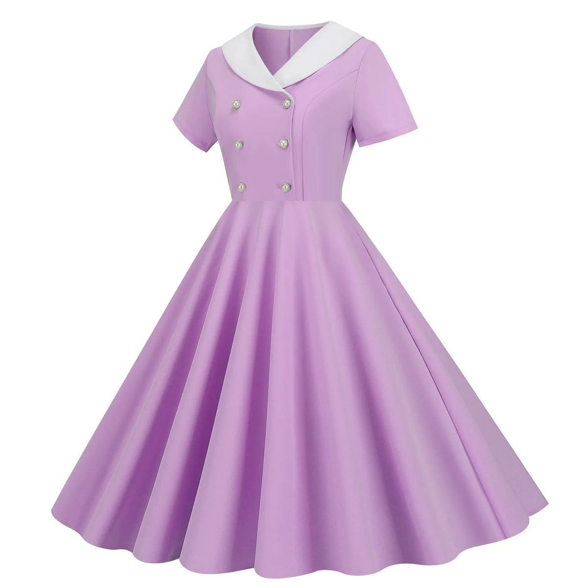 Vintage-Inspired Yellow Swing Dress with Contrast Collar and Decorative Buttons