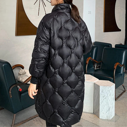 Women's Hooded Quilted Mid-Length Puffer Jacket with Diamond Stitch Streetwear Winter Outerwear
