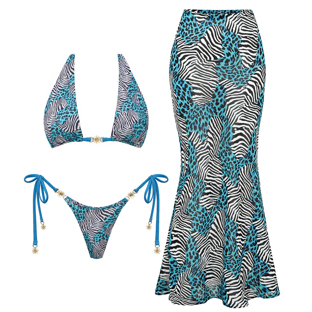 Diagonal Stripe Three-Piece Triangle Bikini Set with Flowing Maxi Skirt