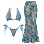 Diagonal Stripe Three-Piece Triangle Bikini Set with Flowing Maxi Skirt