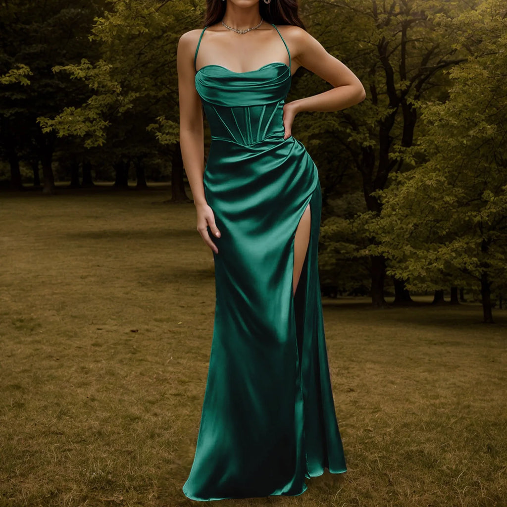 Satin Finish Corset Inspired Maxi Dress with Sculpted Silhouette