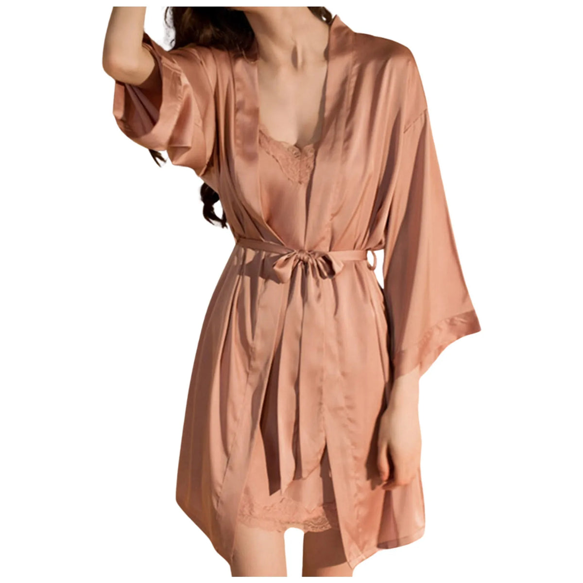 Classic Two-Piece Satin-Finish Slip Dress and Wrap Robe Set with Delicate Lace Accents